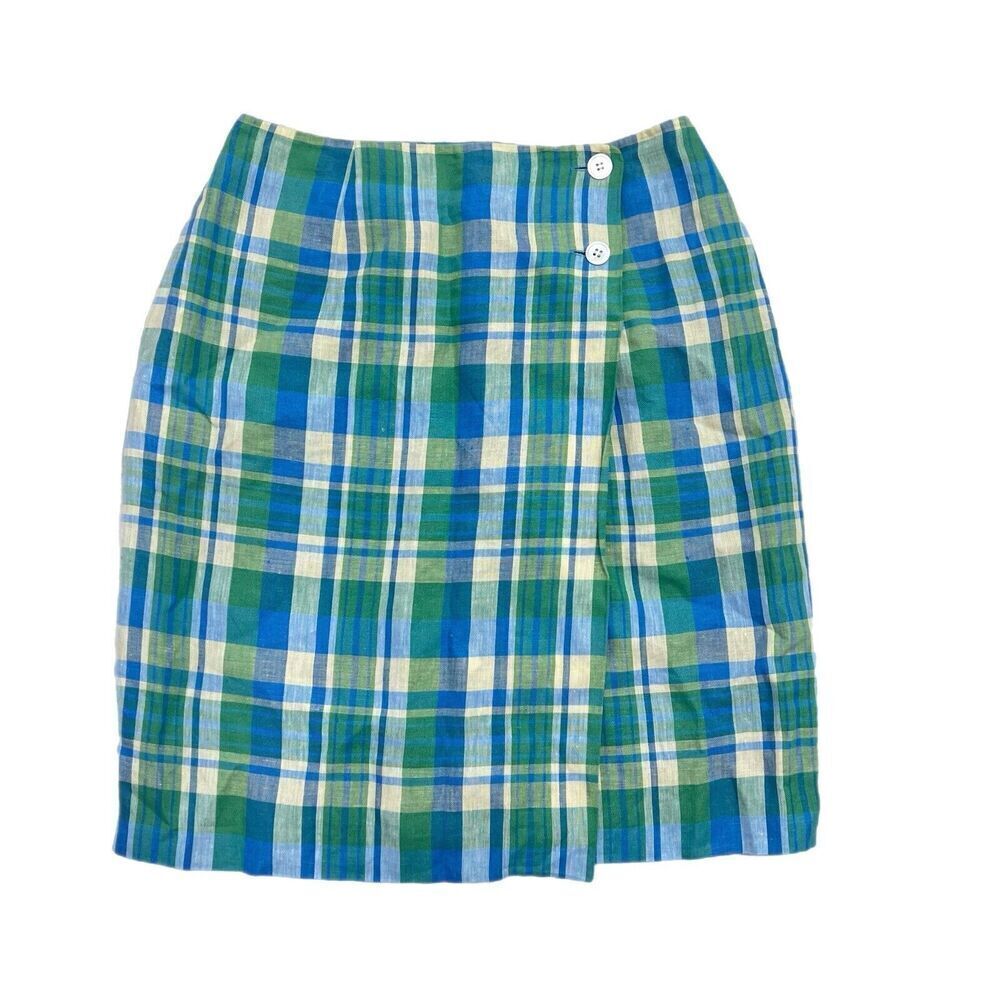 Talbots Wrap Around Skirt Women Size 6 Plaid 100% Irish Linen Blue Green Lined